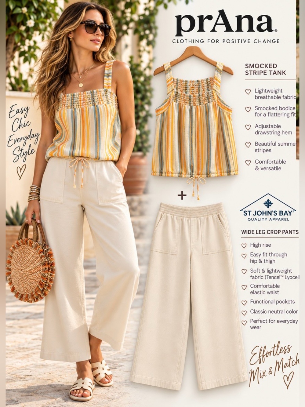 Prana Smocked Stripe Tank XL & St. John’s bay Cream Wide Leg Crop Pants Set XL
